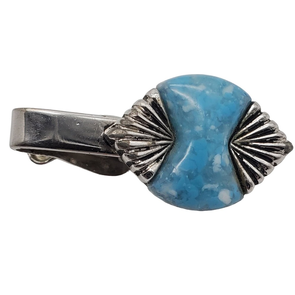 Deco Style Tie Clip Faux Turquoise Lucite Silver Tone Bar Confetti Retro Western